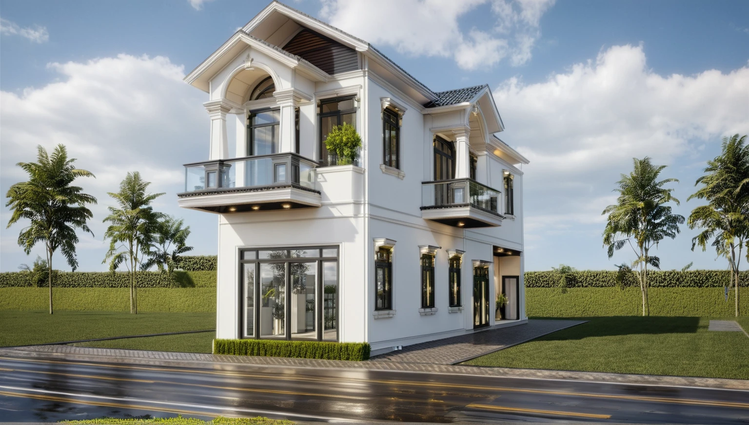 exterior house, contemporary style, white wall, wood wall, wood door, glass window, (realistic:1.2), Masterpiece, high quality, best quality, authentic, super detail, outdoors,road,pavement, grass, trees, sky, cloud, (daylight:1.1)
