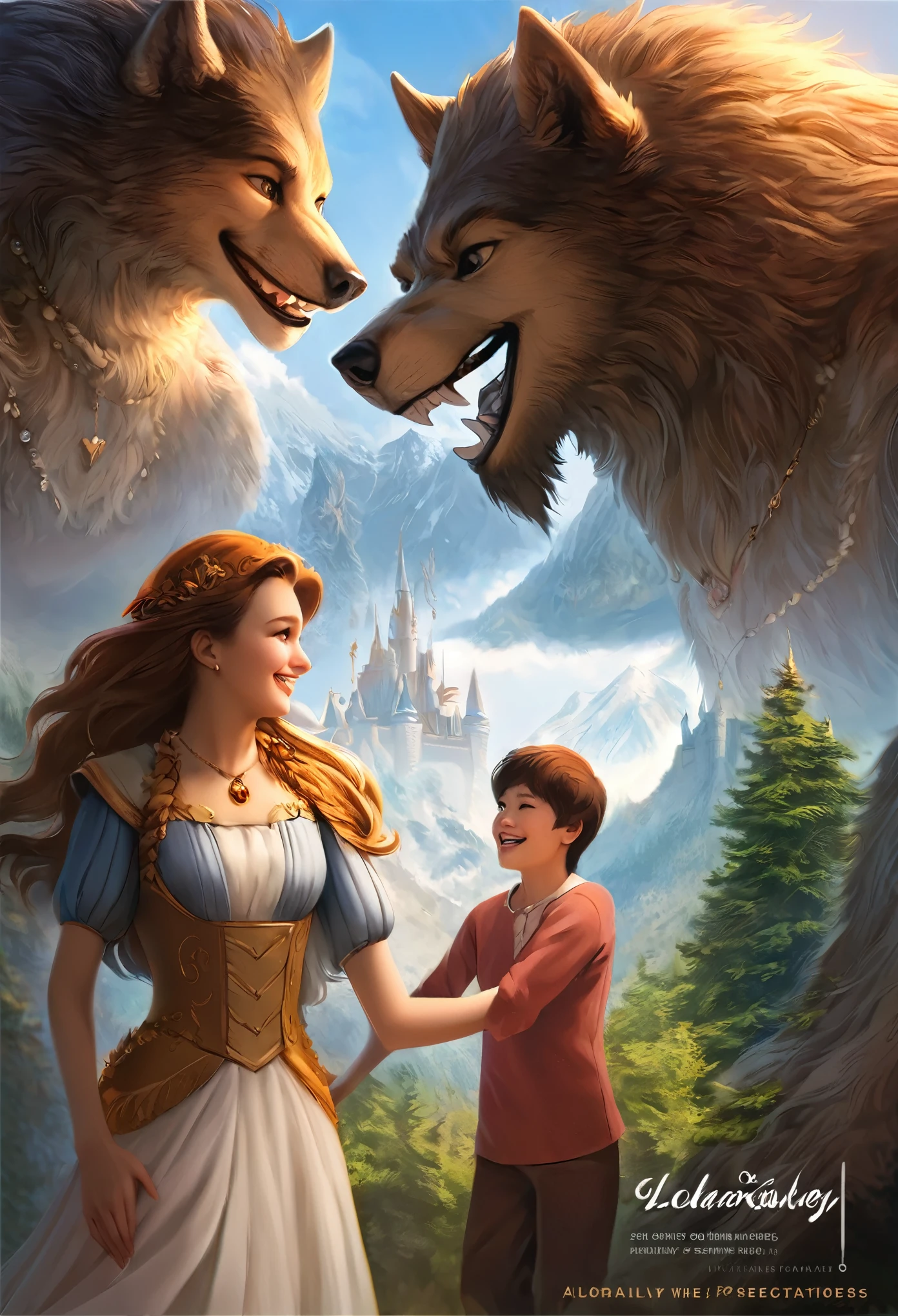 cover page, highres, top quality, best quality, paid reward available, unparalleled masterpiece, perfect artwork, absurdres, High-quality illustrations, super high resolution, detailed background, perfect anatomy, love story of human girl and giant Werewolf, love romance, The princess and the prince, family photograph, pair, Height difference, Physical difference, perfect anatomy, smile, joyful, play with, smile, happy, ((dramatic))epic, One scene of movie,