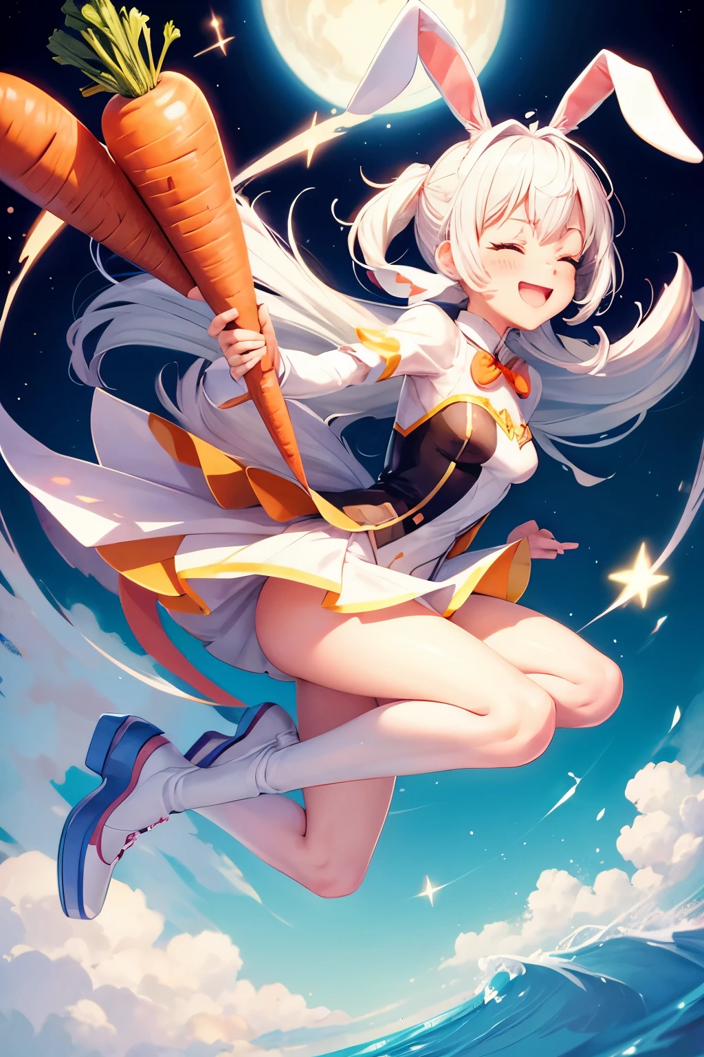 pixar style, left side view, white rabbit anime character, white hair, 2 ear,  blush, flying, 2D carrot, solid background, wing like angel, eyes closed with a smile, riding carrot
