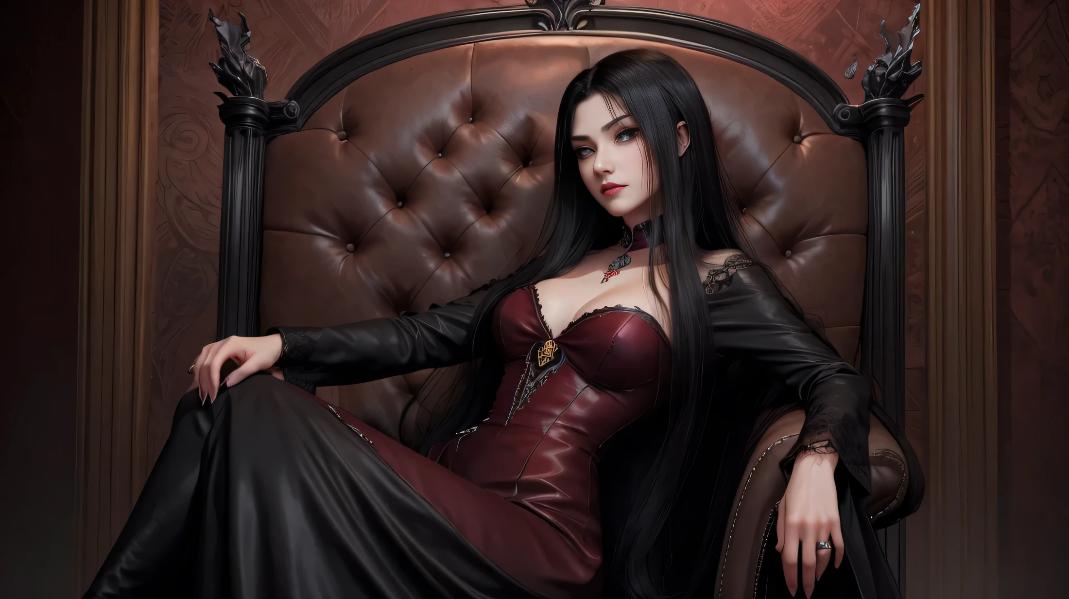 There is beautiful vampire girl sitting in the middle of throneroom on the huge gothic throne in ellegant pose, she have black and white hair bloodshot eyes blood red lips dressed in gorgeous long black with burgundy red dress with leather streps on top side and ruby jewellery and red rose tatoo on her arm, swarm of red bats fly above her, girl elegantly holding glass of red wine, high quality anime art, masterpiece, beatiful high quality face, detailed high quality face, full body size, realistic anime art, 8k top quality , detailed anime art