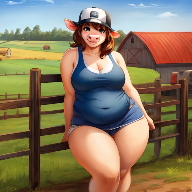Solo female, cow, bovine, wide hips, chubby, thick thighs, flirty, cute, tank top, snapback hat, country, farm, southern