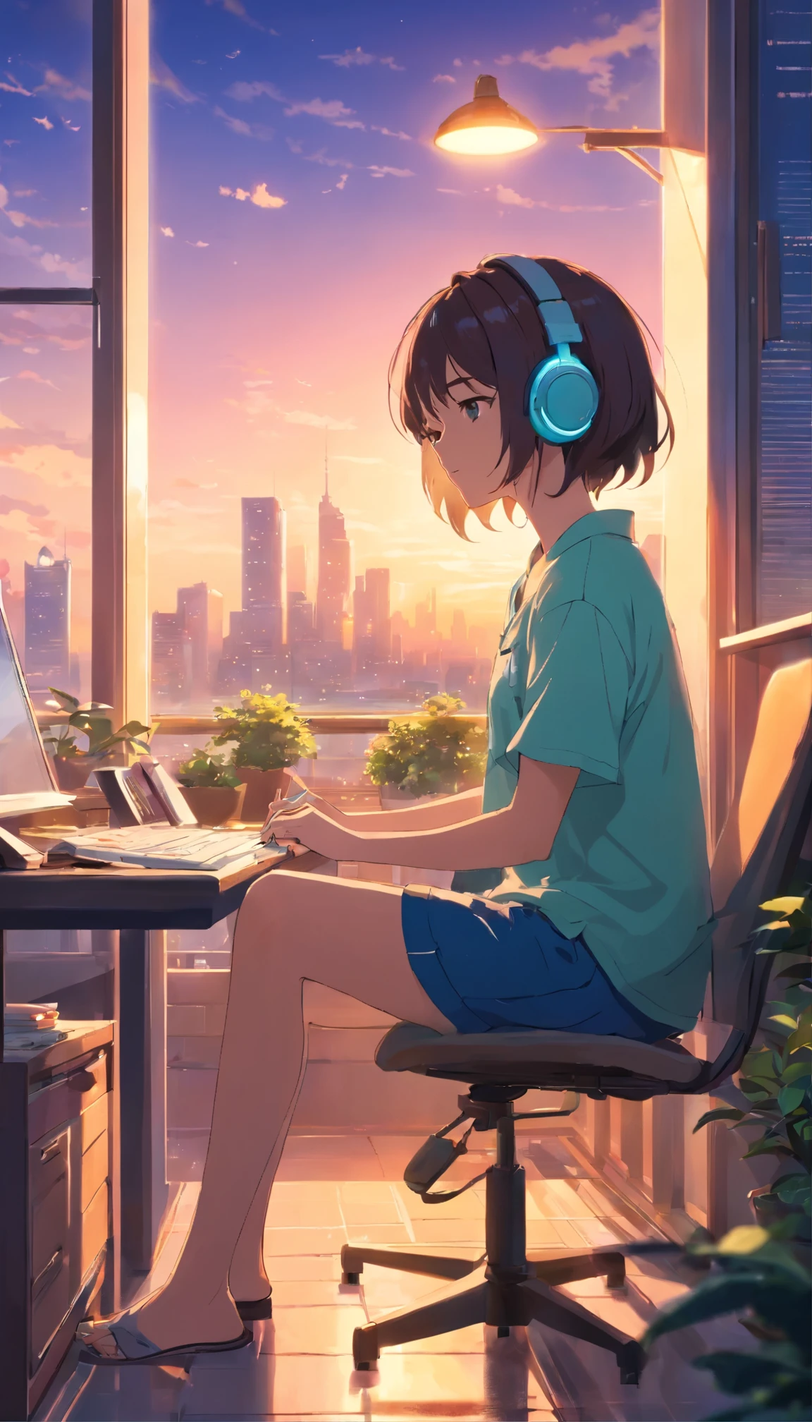 porch、512、Low Fidelity、girl sitting on a chair with headphones、Napping at the desk、Close your eyes、City view from large windows、evening、Soft colors、