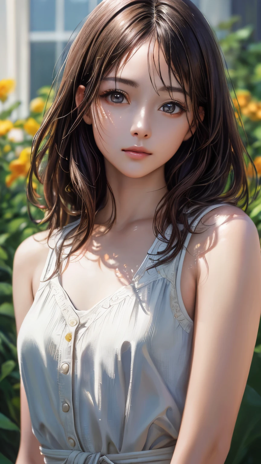 (highest quality、8k、32k、masterpiece)、(Realistic)、(Realistic:1.2)、(High resolution)、Very detailed、Very beautiful face and eyes、1 girl、Round and small face、Tight waist、Delicate body、(highest quality、Attention to detail、Rich skin detail)、(highest quality、8k、Oil paint:1.2)、Very detailed、(Realistic、Realistic:1.37)、Bright colors