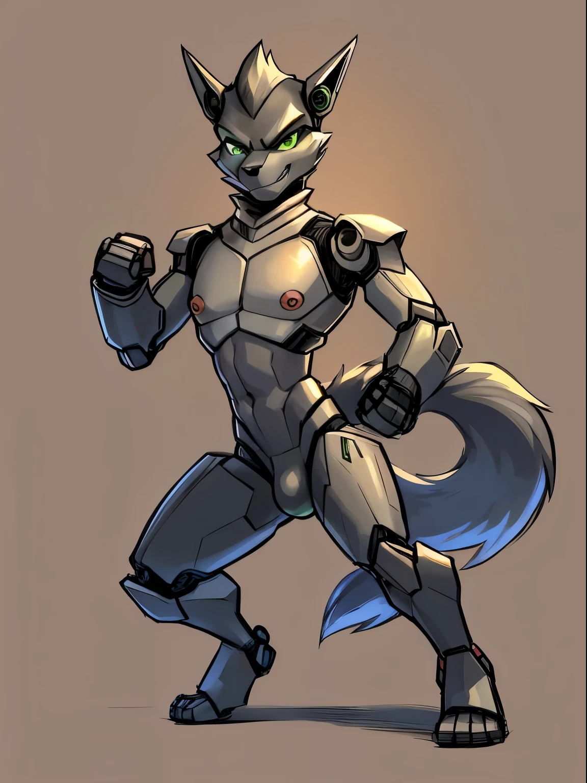 Male, robot Gray wolf, detailed green eyes, long tail, big nipples, slim, sly, simple background, smirk, bulge, tail wrapping around body,((Fighting Stance)),((a robot wolf showing his sexy beautiful legs and feet)),(split)