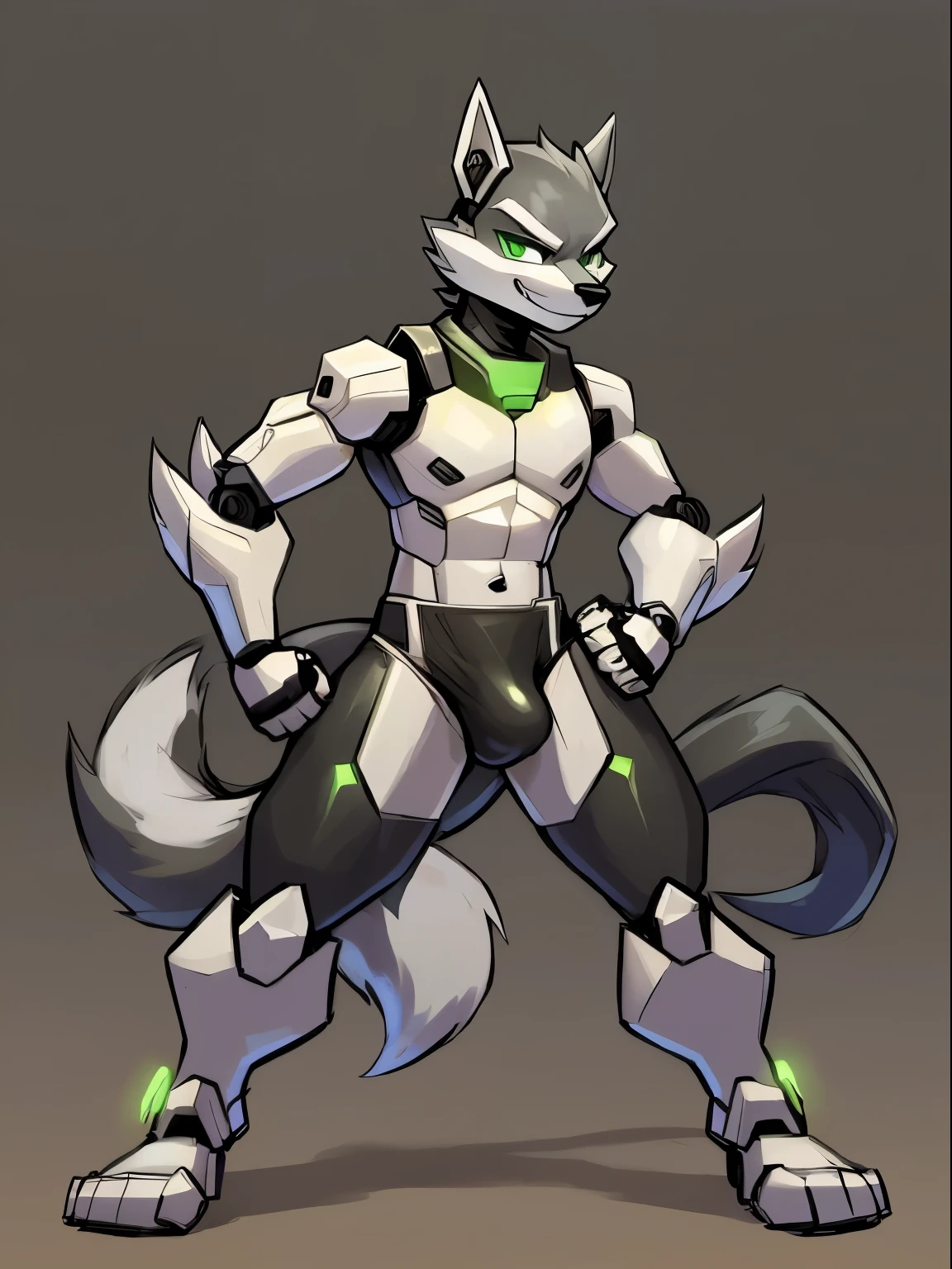 Male, robot Gray wolf, detailed green eyes, long tail, big nipples, slim, sly, simple background, smirk, bulge, tail wrapping around body,((Fighting Stance)),((a robot wolf showing his sexy beautiful legs and feet)),(split)