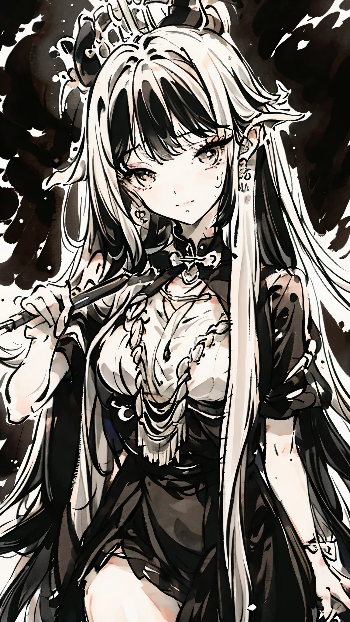 ((Biologically correct number of limbs))、(( whole body including face))、4K、Masterpiece、((focus on the face))、((Symmetrical facial features))、Eyes with detailed description、Beautiful woman、Outstanding style、Beautiful arms、Beautiful legs、Beautiful Hands、(slender)、Detailed depiction of faces、Small earrings、necklace、(White glossy uniform、shiny skirt、High heels、Glowing Skin)smile、(Beautiful legsのアップ)、Sweat、(((Black and white painting)))、(((Line art、Pencil writing)))、Realistic illustrations