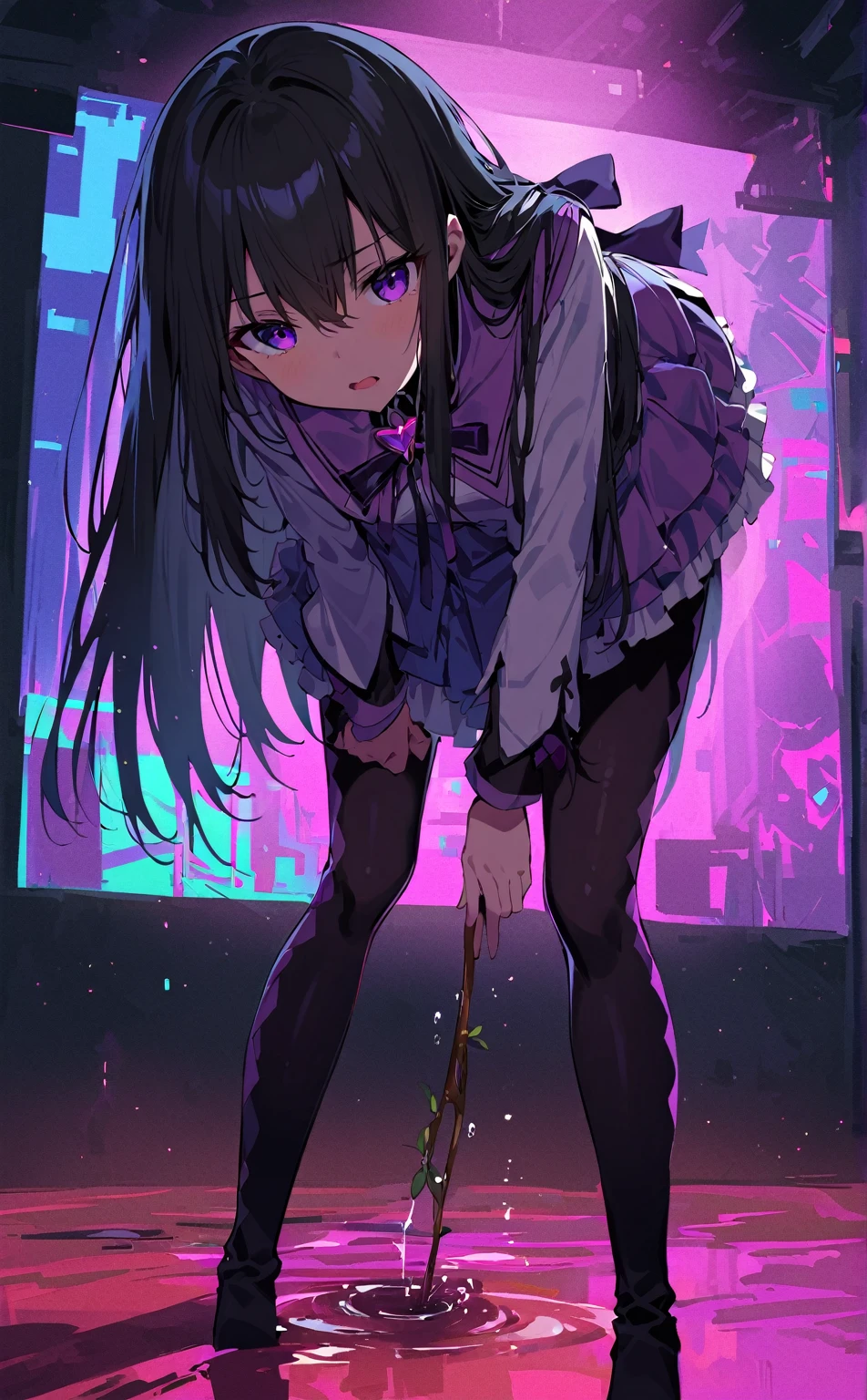 (highest quality:1.2),One girl,alone,homu，Magical Girl Clothes，boots，Purple eyes,Long Hair,Black Hair,bangs，Hair between the eyes,pixelated background,Neon Light,SF color scheme,Vibrant colors,Metallic texture,detailed shading,Holographic interface,Dark atmosphere,High Contrast,Sharp focus,twig of hair,Reflective surface,Exquisite detail,High resolution,Studio Lighting,Illuminated surroundings,Thick thighs,Beautiful Eyes, Beautiful background, beautiful and detailed body,Fine grain,classroom,Table Sex,Groin friction,Masturbation,A puddle of pussy juice,From below,Moaning,Open your mouth,arm_support,(Leaning forward:1.5),