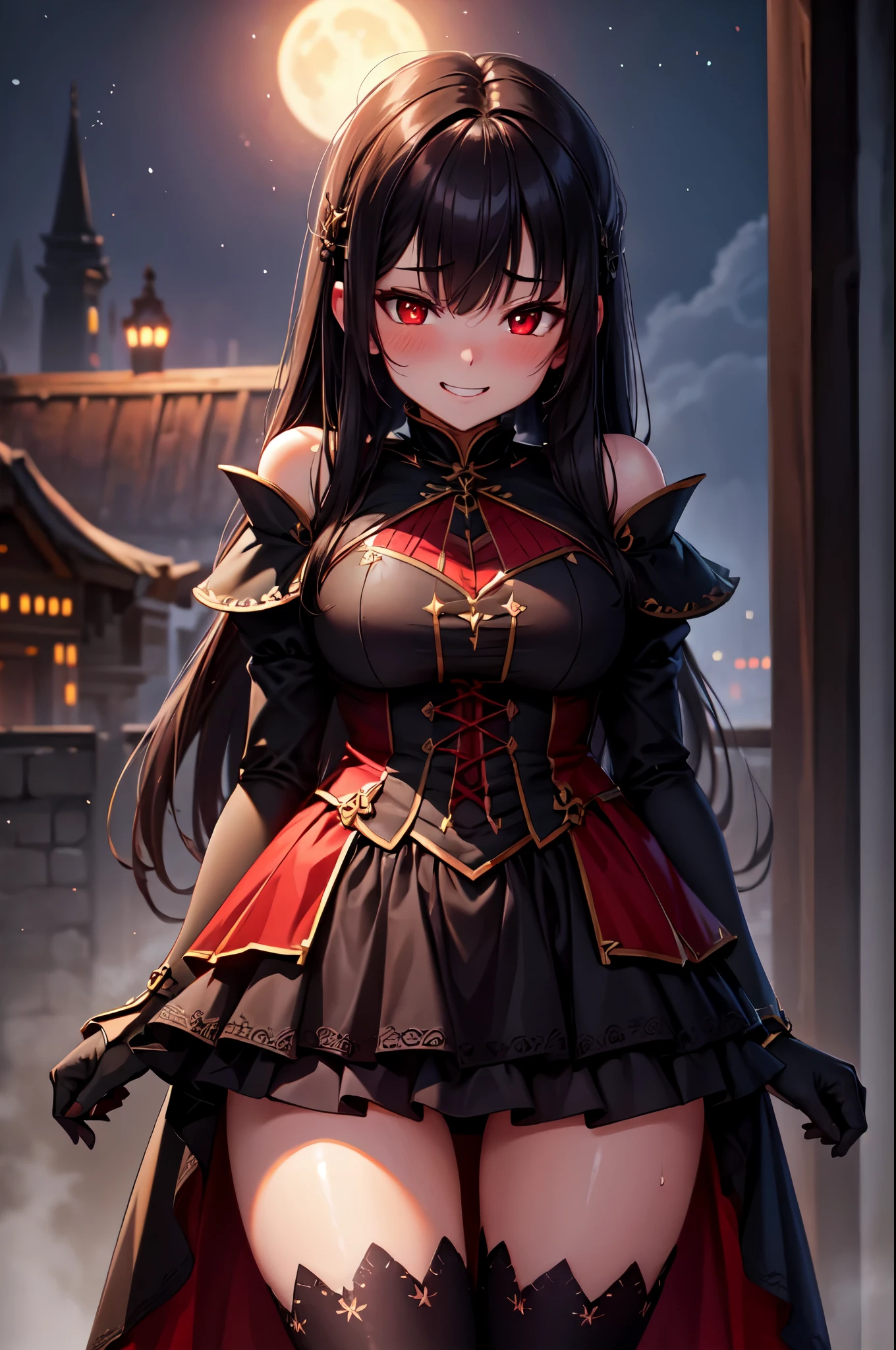 (High quality, High resolution, Fine details), (Full moon night), (Foggy Western castle), Gothic Dress, Standing, solo, curvy women, BREAK Black hair, BREAK (glowing red eyes:1.2), (Detailed eyes:1.2), grin, blush, Sweat, BRAEK White skin, Oily skin, (Dark tones:1.2), shallow depth of field