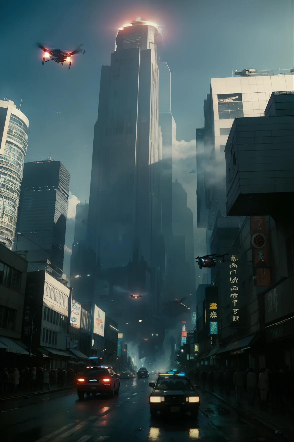 ((highest quality)), ((masterpiece)), (be familiar with), (High definition), (Accurate), (Realistic), (Cinematic), (Best Shadow), (Low contrast), (8K), Perfect Face, ((SYD MEAD style)), manga、mangaデザイン、Storyboard、Frame division、(A large advertising drone flying in the sky:1.2)、(Scramble crossing), Police Vehicles、(2Drone is flying)、The car is jammed、congestion, congestion, Decadent Future City, NEO TOKYO, A.D.2051, (steam:1.2), It's raining white, evening,