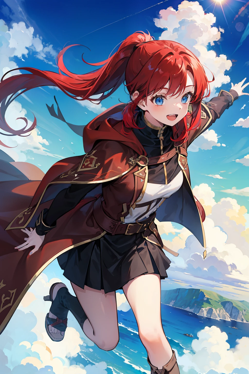 masterpiece, best quality, 1girl, (red hair), ((ponytail)), (long hair), blue eyes, smiling, happy, in the sky, light sky, blue sky, flying, flying in the sky, ((flying in the air)), ((wearing a brown cloak)), (black skirt), clouds, the sun