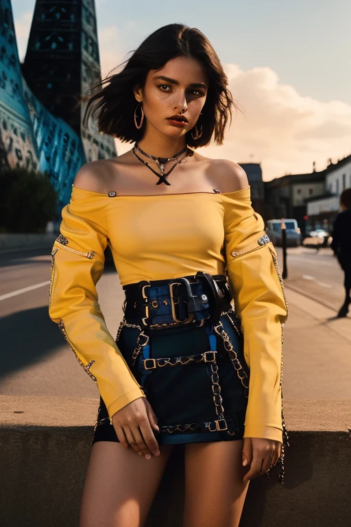 photo of 25 y. o cute Russian model girl in fachion clothes in (Balenciaga style:1.4) and constructivist style, (long sleeve shirt in punk style:1.3), [intricate detail], harmony, (open shoulders:1.3), (high detail skin:1.3), designer, official prada editorial, illustrative!!, aztec street fashion, waist - shot, dior campaign, wearing a designer top, lv, 8k uhd, dslr, soft lighting, high quality, film grain, Fujifilm XT,  golden hour