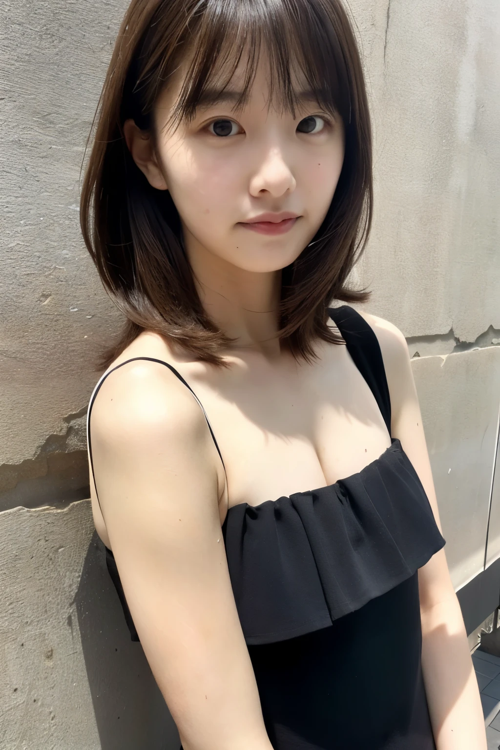 ((highest quality)), ((masterpiece)), (detailed),
Chest-length hair,Dark brown hair,Wearing a one-piece dress,girl,Daytime Cafe,black eye,No bangs,