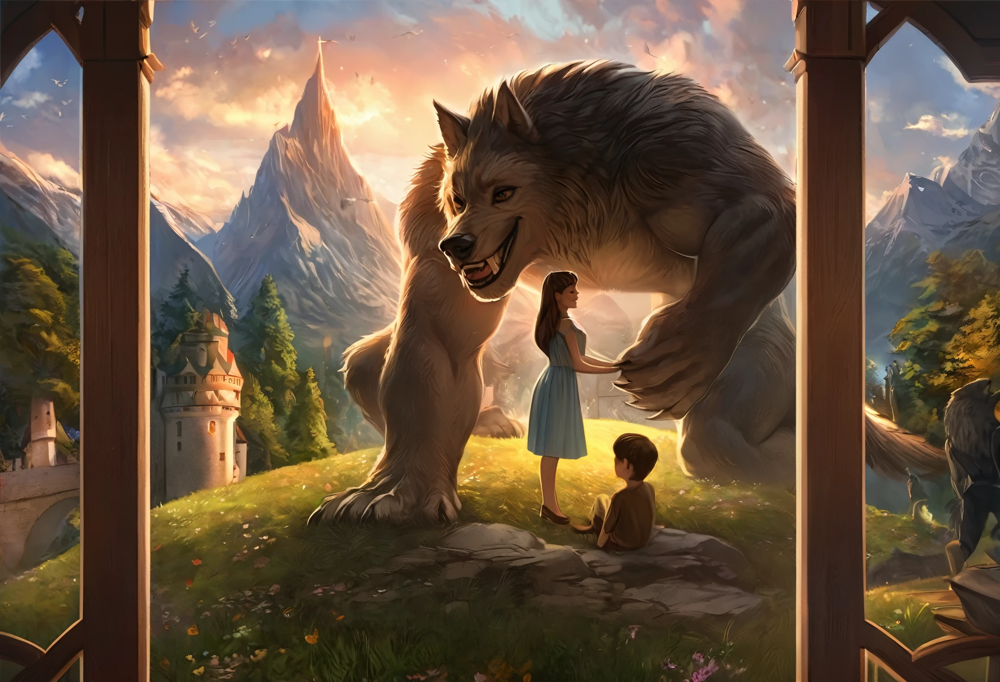cover page, highres, top quality, best quality, paid reward available, unparalleled masterpiece, perfect artwork, absurdres, High-quality illustrations, super high resolution, detailed background, perfect anatomy, love story of human girl and giant Werewolf, love romance, The princess and the prince, family photograph, pair, Height difference, Physical difference, perfect anatomy, smile, joyful, play with, smile, happy, ((dramatic))epic, One scene of movie,