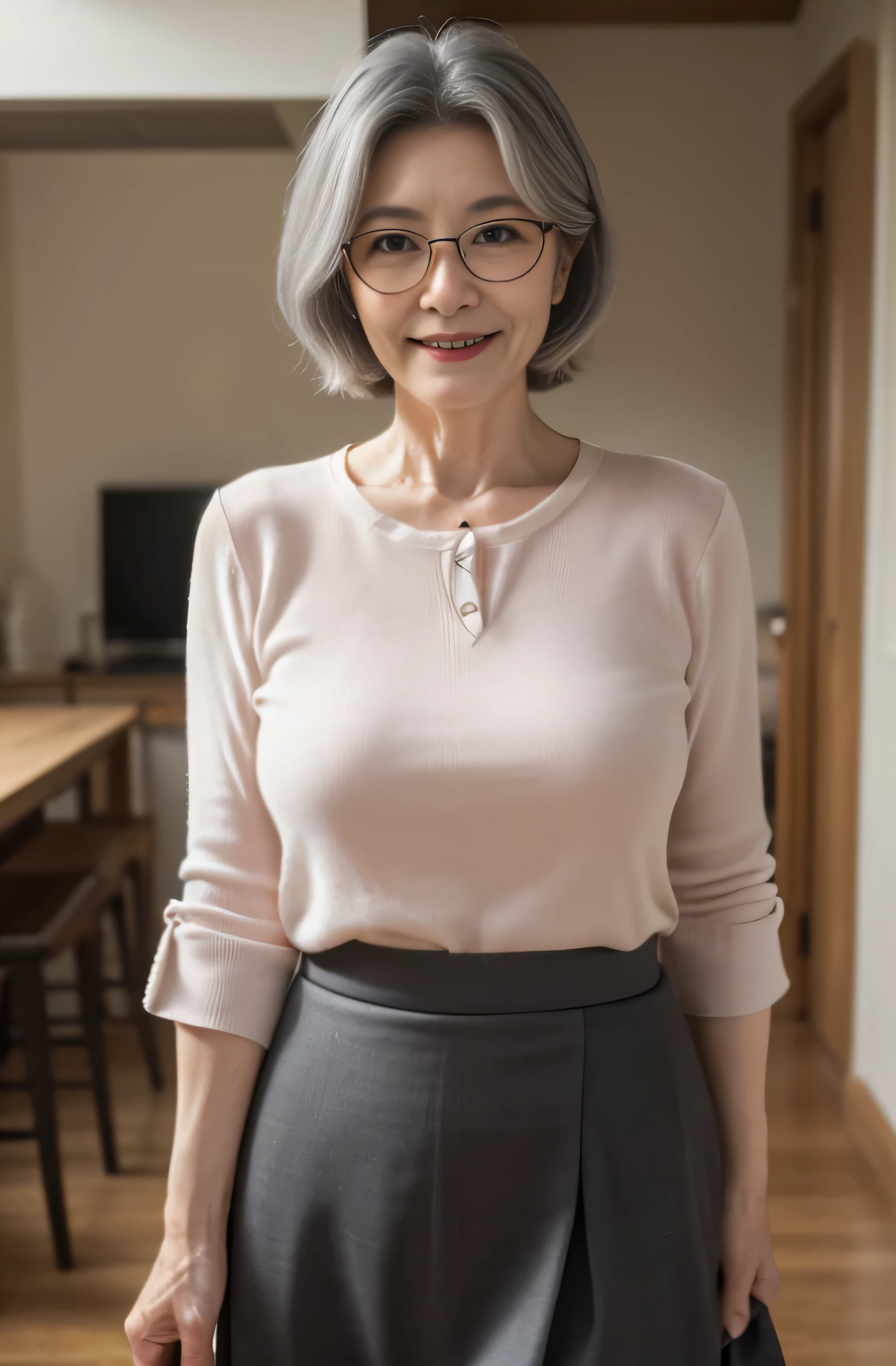 skirt lift,(Masterpiece:1.4),(60-year-old woman:1.4),(Wrinkles on the face1.24),smile,nude,gray hair,square glasses,(panchira,skirt,skirt lift:1.4)