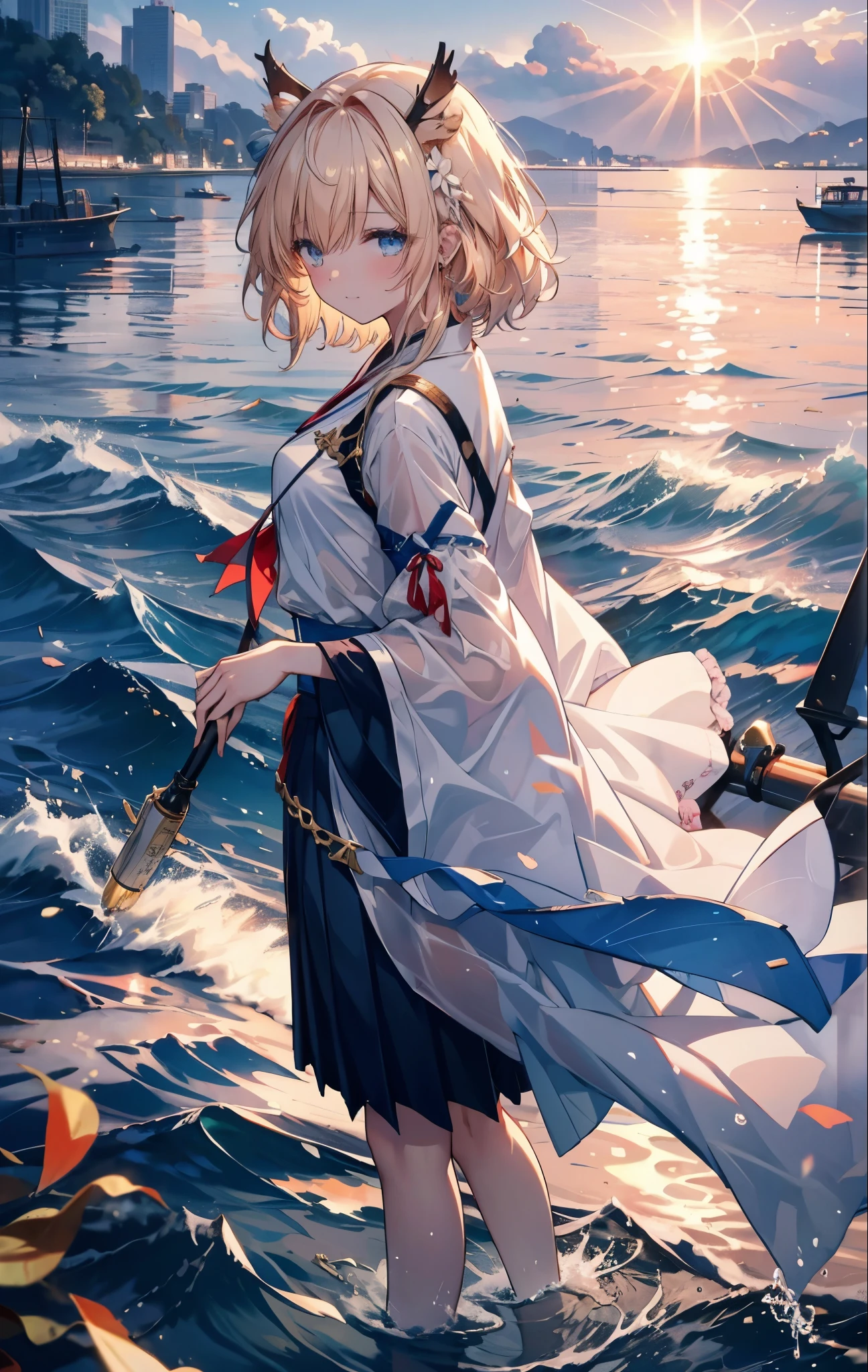 Dancing on the sea is a very beautiful scene，It includes waves、spray、girl、Long skirt、Elements such as wind and skyline。in this case，The afterglow of the setting sun shines on the sea，映衬着girl的身影。她穿着一条飘逸的Long skirt，The sea breeze blows，imitate。
The waves gently lap at the shore，Make a pleasant sound。spray随着海浪的节奏跳跃，仿佛在为girl的舞蹈伴奏。girl轻盈地跳着舞，她的Long skirt随风飘动，like a blooming flower。
The clouds in the sky were dyed golden by the setting sun，Golden light reflects on the sea。The skyline in the distance outlines a beautiful picture，intoxicating。