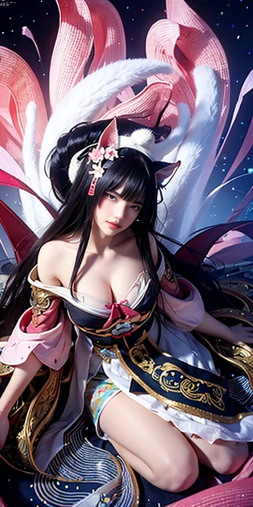 ahri, 1girl in, portrate, Solo, 9 tails, flower field, florals, (White smoke:1.3) (Photorealistic:1.4), Zentangle, mandalas, Entangle, Official art, Unity 8k wallpaper, ultra-detailliert, Beautiful and aesthetic, masutepiece, Best Quality, (Dynamic Angle:1.4), Glowing skin, (floating colorful sparkles:1) Most Beautiful Form of Chaos, Elegant, a brutalist designed, vivd colour, Romanticism Depth of Field