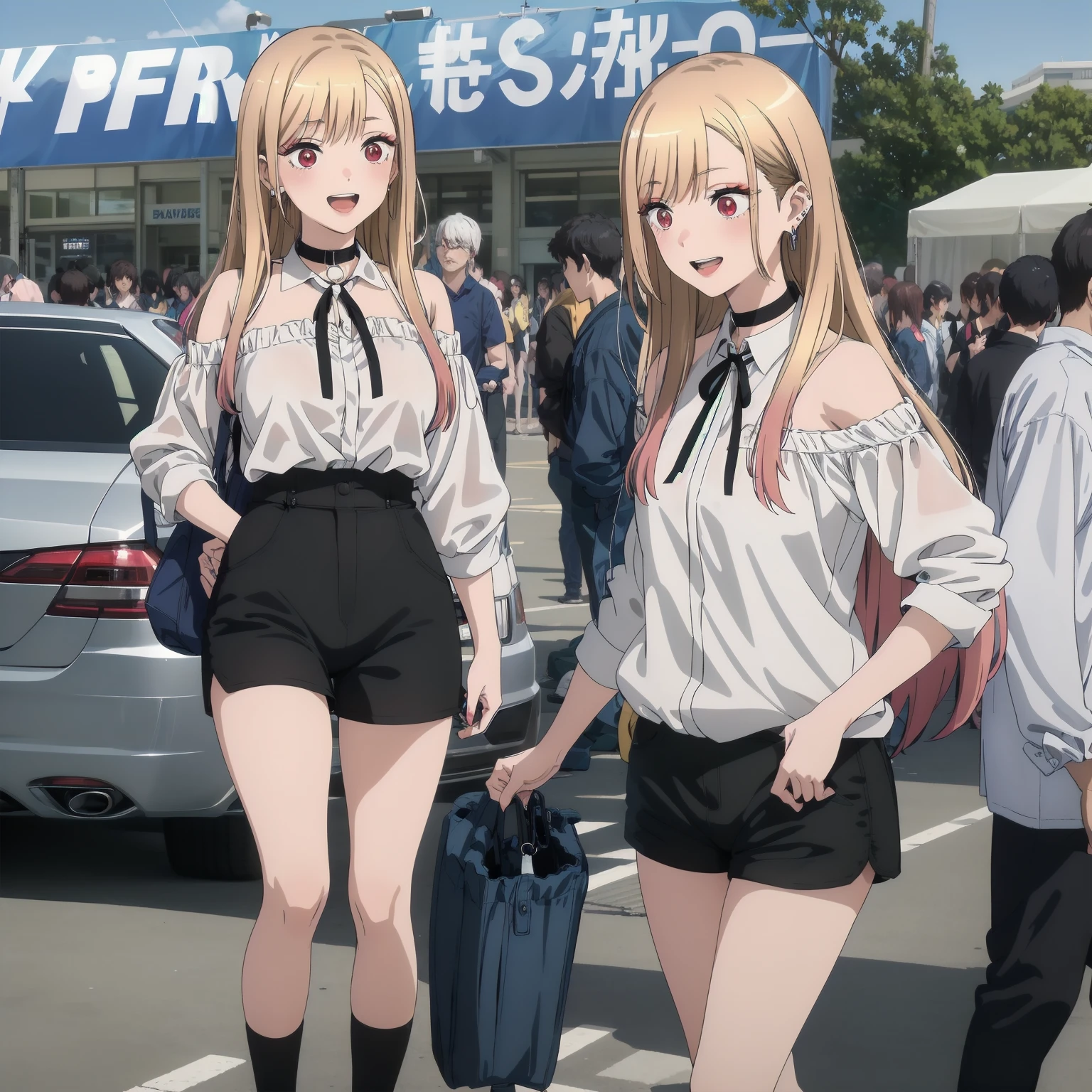 (((Pixel Perfect, Perfect detail))),
Kitagawa Marine SB,
1 girl, alone, teeth, Bright smile, Earrings,
Long Hair, Blonde, Red eyes, Colorful Hair, Black Ribbon, black collar,
Black shorts, White shirt, Off the shoulder, Tucked in shirt,
Permanently installed, Looking at the audience,
outdoor activities,(showing panties:1.3), skirt up, Spread your legs,White panties, a famous comic market in japan, many cosplayers, various cosplays