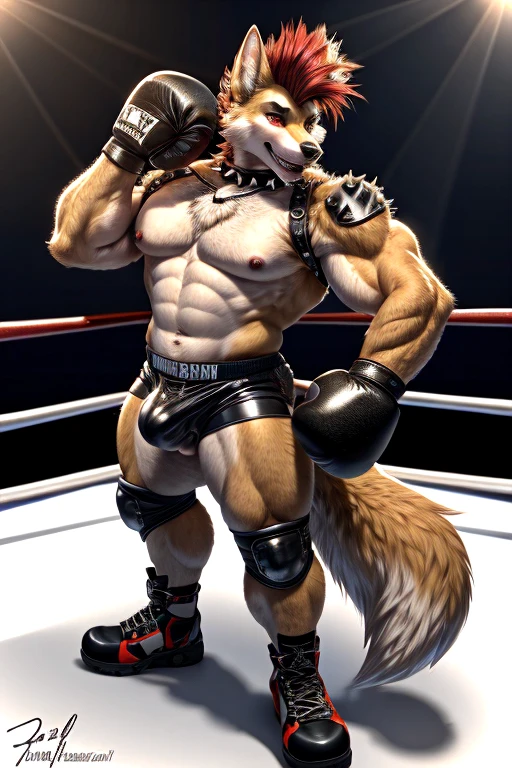 ((best quality)), ((masterpiece)), (detailed), perfect face, furry, anthropomorphic wolfdog (70% Gray Wolf, 25% Tamaskan wolfdog, 5% Dingo), Orange fur with red on the tips of his ears and brush of his tail, Red hair, mohawk hairstyle, red eyes, 6'7 and 233 lbs, 50" Chest, 21" Shoulders, 17" Biceps, 36" Waist, 25" thighs, 17" calves, 20" back, wearing spiked black leather collar, wearing spiked black leather sex harness, wearing male gender sign pendant, wearing black spiked shoulder pads, shirtless, black leather boxing trunks, spikey black boots, Gachimuchi aesthetic, leather daddy aesthetic, Punk Biker aesthetic, 24 years old, wrestling match scene, 25" bulge