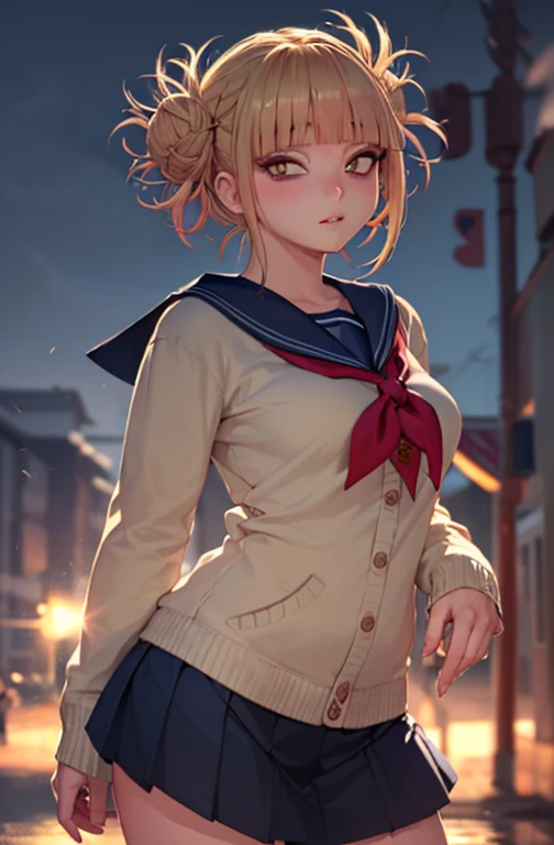 (masterpiece:1.2, top-quality), (realistic, photorealistic:1.4), beautiful illustration, (natural side lighting, movie lighting), nsfw,
looking at viewer, face focus, upper body, 1 girl, japanese, high school girl, perfect face, cute and symmetrical face, shiny skin,
(middle hair:1.5, (two side up:1.2), brown hair), hair between eyes, purple eyes, drooping eyes, long eye lasher, (medium breasts), slender,
beautiful hair, beautiful face, beautiful detailed eyes, beautiful clavicle, beautiful body, beautiful chest, beautiful thigh, beautiful legs, beautiful fingers,
((detailed cloth texture, long sleeves cute sailor suit, navy blue pleated skirt, navy blue sailor collar, red sailor scarf)),
(beautiful scenery), winter, evening, (outdoors), , (heart shaped pupils, in heat, aroused),