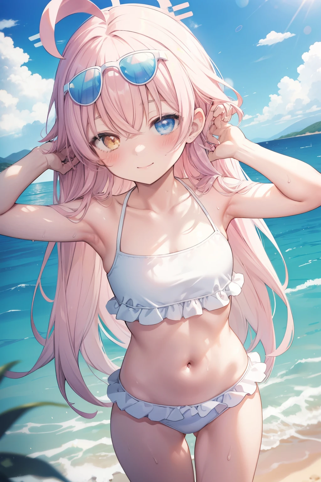 Kotoriyu Hoshino、Good looking girl (blush, Perfect Face), independent , Looking at the camera, masterpiece, Anime art style, Cute Characters, Most detailed, high quality、Nico Nico Smile、Swimwear、Coming to the sea、Showing armpits