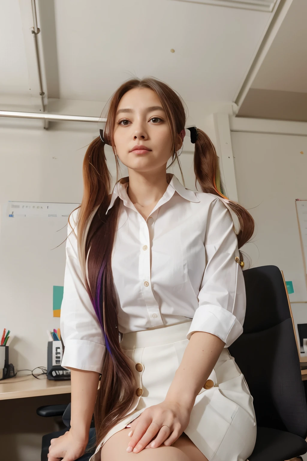 masterpiece, best quality, HuTaoV4, 1girl, solo, looking down, blush, long hair, twintails, multicolored hair, very long hair, hair between eyes, ((office lady, OL, pencil skirt, white shirt, button gap)), ((from below)), id card, office, desk, computer, sitting on chair, indoors, night,