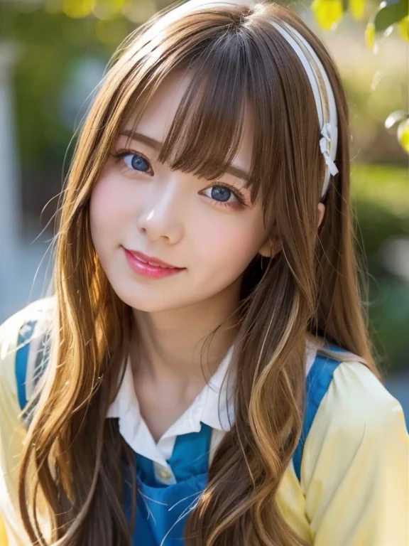 portrait, face close up, face shot, (masterpiece, best quality;1.3), extremely detailed CG, ultra detailed, 1girl, solo,  smile,  looking at viewer, stylish ungle, blonde long hair,blue eyes,
sv1, sailor senshi uniform, orange skirt, elbow gloves, tiara, orange sailor collar, red bow, orange choker, 