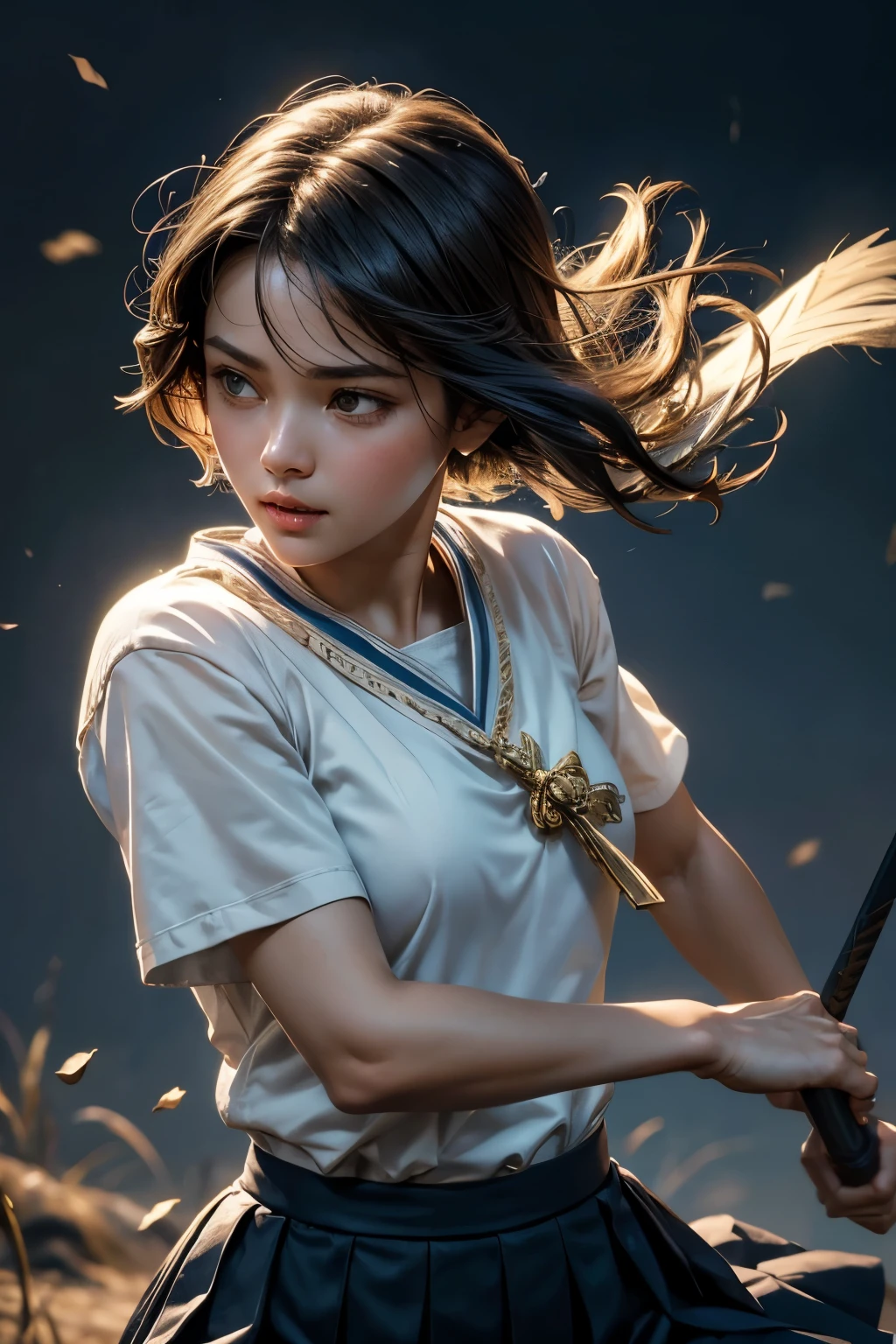 Holding a sword、Ultra-high resolution、((masterpiece)))、(((highest quality)))、((Super detailed))、((Very delicate and beautiful))、Low angle shooting、1 girl、solo、short hair、(whole body)、A tense shot、Visual Impact、Pleated skirt、Realistic Face、Realistic Skin、Cute face,Pure,Combat Stance、Visual Impact,Powerful movement,Sailor suit