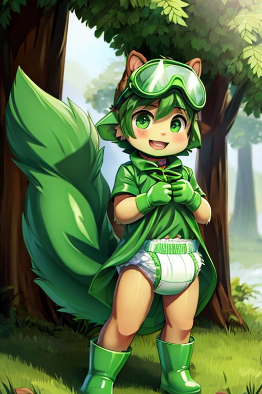 boy, squirrel, furry, bodyfur, tail, green goggles, green collar, green bra, bottomless, small penis, testicles, green gloves, green boots, chibi, sparkling eyes, from below, playing