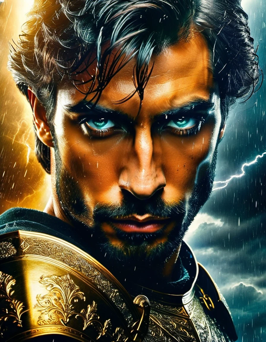 in style of movie poster design, portrait, beautiful detailed，（Sword bearer：1.3），(a close-up,high quality,32k),[sword],[knight],[armor],[detail:1.2],(gold),(steel),(sharp),(shiny),(ornate),(intricate),[helmet],(leather gloves),[focused],[determined],[heroic],[stern expression],(medieval),(fantasy),(commanding pose),[elaborate background],(dramatic lighting),(stormy atmosphere),(storm clouds),(majestic),(powerful),(intense),(imposing),(gazing into the distance)
