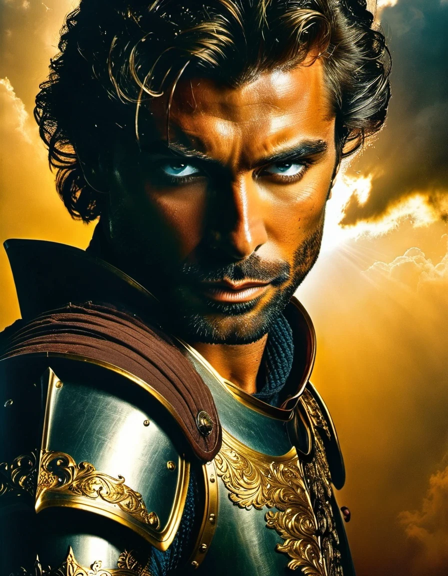 in style of movie poster design, portrait, beautiful detailed，（Sword bearer：1.3），(a close-up,high quality,32k),[sword],[knight],[armor],[detail:1.2],(gold),(steel),(sharp),(shiny),(ornate),(intricate),[helmet],(leather gloves),[focused],[determined],[heroic],[stern expression],(medieval),(fantasy),(commanding pose),[elaborate background],(dramatic lighting),(stormy atmosphere),(storm clouds),(majestic),(powerful),(intense),(imposing),(gazing into the distance)
