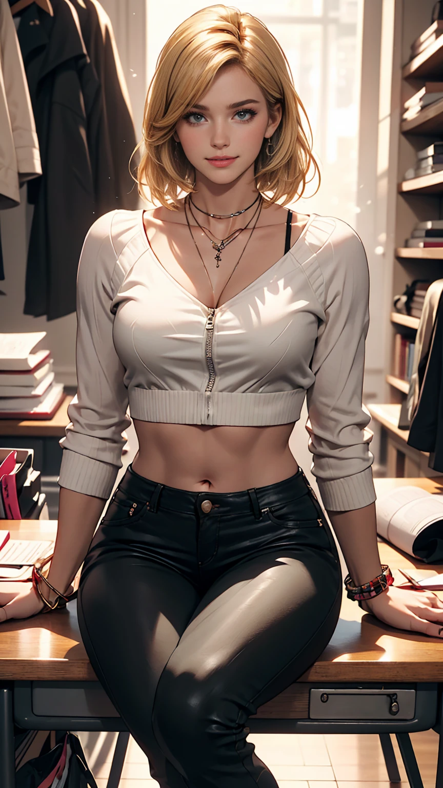 ((最high quality, 8K, masterpiece: 1.3, Ultra HD, high quality, 最high quality, High resolution, realism)) 、A 22-year-old extremely beautiful white woman、Hair color blonde、blue eyeedium Hair、Straight Hair、smile、Slender but well-proportioned body、Background blur((depth of field))、Aerial perspective((atmospheric perspective))、I want my head to stay off screen、Put an anklet on your ankle、Wearing red nail polish、I have a peticure、Wear high-neck zipper-up tops、No sleeve、Wear low rise leather pants、Wearing high heels、torso((torso))There are many、Fashion Design Office、There is fabric and a pattern on the work desk.、Hang the tape measure around your neck、Lower milk visible