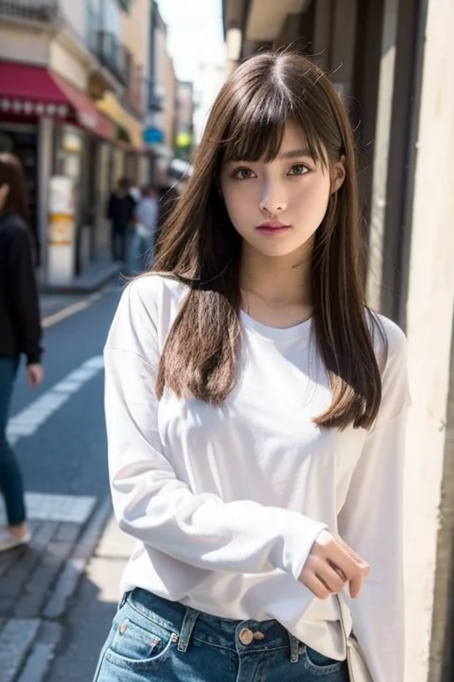 White shirt,jeans,One girl,street,highest quality,masterpiece,figure,Very delicate and beautiful,CG,Unity,8k wallpaper,wonderful,In detail,masterpiece,Official Art,Very detailed CG Unity 8k wallpaper,Incredibly absurd,Large file size,Very detailedな,High resolution,Very detailed,Beautiful detailed girl,Realistic,Soft Light,from the front,(sunlight),