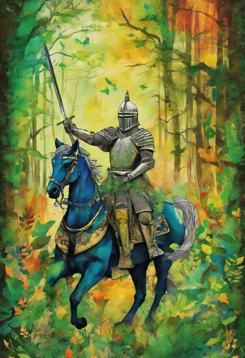 Conquering Knight, inhibited, timide, green forest background ::2 colorful ink painting ::2 art fantasy