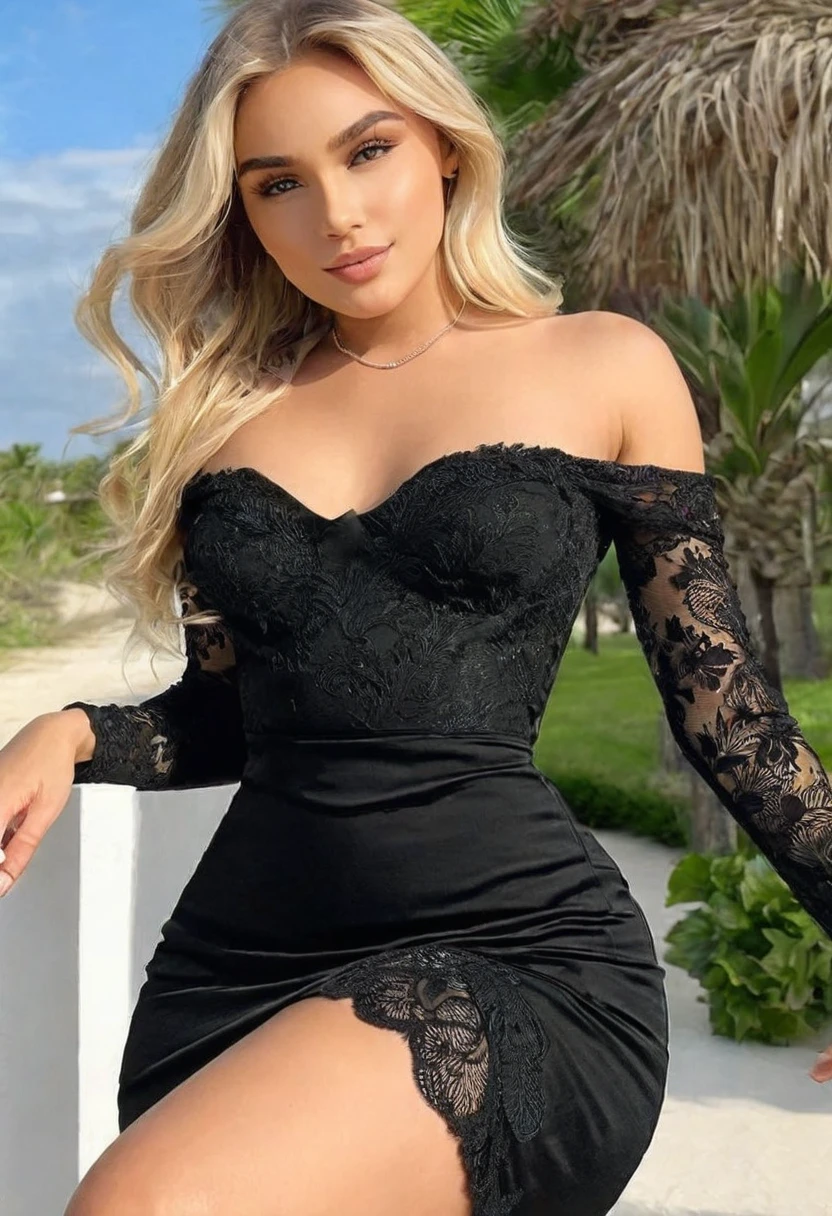 (best high quality:1.2), [High quality on face:1.2], art of work, 8k, extremely detailed, (High detail:1.2), (Hotlexi woman), Solo, 24 year old blonde female, (black luxury dress),