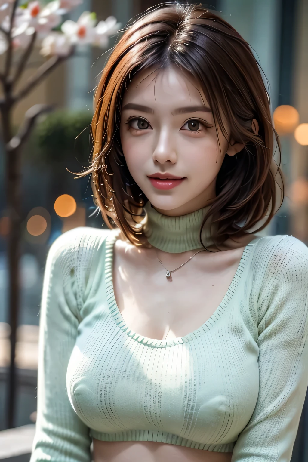 (8k, RAW Photos, highest quality, masterpiece, Realistic, Realistic), (1 female), (Ultimate beauty), Highly detailed face, fine grain, Double eyelash, eyelash, smile, (Perfect Teeth), Lip details, brunette bob, Big Breasts, (long turtleneck sweater), ((Brown mini skirt)), Cowboy Shot, background:Under the cherry blossoms in full bloom, Soft Light, ((Written boundary depth))