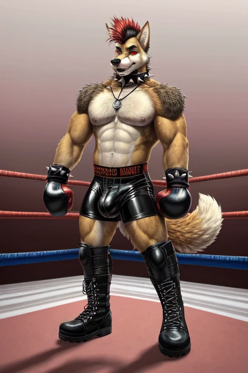 ((best quality)), ((masterpiece)), (detailed), perfect face, furry, anthropomorphic wolfdog (70% Gray Wolf, 25% Tamaskan wolfdog, 5% Dingo), Orange fur with red on the tips of his ears and brush of his tail, Red hair, mohawk hairstyle, red eyes, 6'7 and 233 lbs, 50" Chest, 21" Shoulders, 17" Biceps, 36" Waist, 25" thighs, 17" calves, 20" back, wearing spiked black leather collar, wearing spiked black leather sex harness, wearing male gender sign pendant, wearing black spiked shoulder pads, shirtless, black leather boxing trunks, spikey black boots, Gachimuchi aesthetic, leather daddy aesthetic, Punk Biker aesthetic, 24 years old, wrestling match scene, 25" bulge, perfect shading, soft shading, soft colors, vivid colors, pastel colors