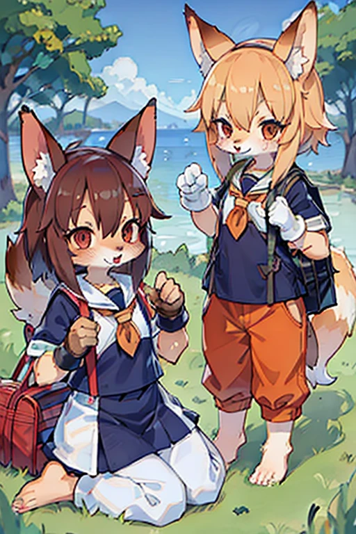 2 females, fox and raccoon, Furry, Beastman, animal hair, tail, Sailor suit, Short sleeve, Jersey pants, Long trousers, gloves, barefoot, School, Primary school students, school bag