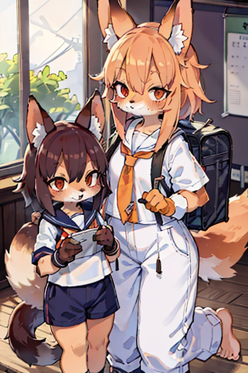 2 females, fox and raccoon, Furry, Beastman, animal hair, tail, Sailor suit, Short sleeve, Jersey pants, Long trousers, gloves, barefoot, School, , school bag