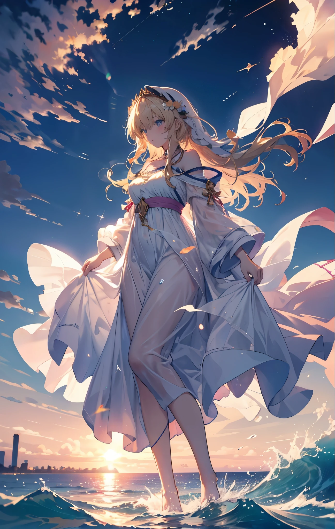 Dancing on the sea is a very beautiful scene, including elements like waves, sprays, girls, long dresses, wind, and the skyline. In this scenario, the residual glow of the sunset is sprinkled on the sea, casting a shadow on the girl. She is wearing a flowing long dress, and the sea breeze follows her movements. The waves gently lap against the shore, creating a pleasant sound. The sprays leap in rhythm with the waves, as if accompanying the girl's dance. The girl dances gracefully, her long dress floating in the wind, resembling a blooming flower. The clouds in the sky have been dyed golden by the sunset, and the golden rays reflect on the sea surface. The distant skyline outlines a beautiful and intoxicating picture. 