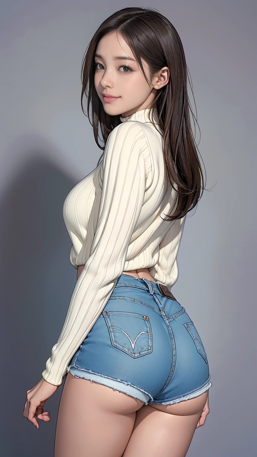 8k, RAW Photos, highest quality, masterpiece, Realistic, Photorealistic, (1 Ultimate beauty), middle aged, Highly detailed face, (Perfect Teeth), Detailed eyes, double eyelid, eyelash, Grin, Lip details, brunette bob, Big Breasts ,Round ass, (White long turtleneck sweater), ((Denim shorts, Dolphin Shorts)), Cowboy Shot, Koen-dori in Tokyo, Soft Light, ((Written boundary depth))
Proceed with caution,(()), (((slim, Narrow waist, Thin thighs, Thin arms))), (((Rear View, Realistic buttocks, Very small ass, retrospective diagram)))