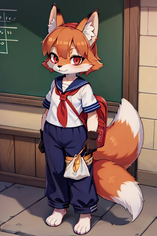 2 females, fox and raccoon, Furry, Beastman, animal hair, tail, Sailor suit, Short sleeve, Jersey pants, Long trousers, gloves, barefoot, School, Primary school students, school bag