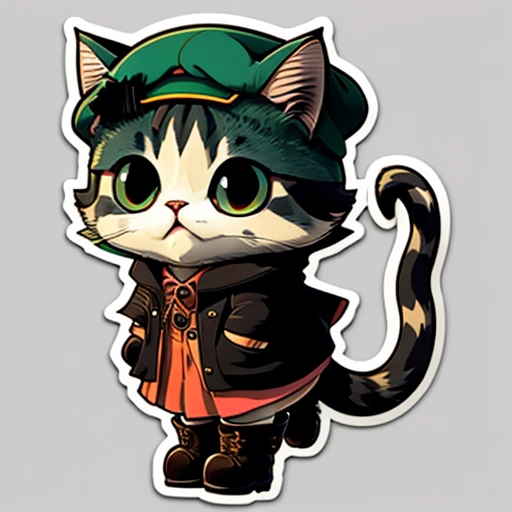 Sticker, cute cartoon of, Anime style, Cute cartoon sticker of a cat in beret and boots