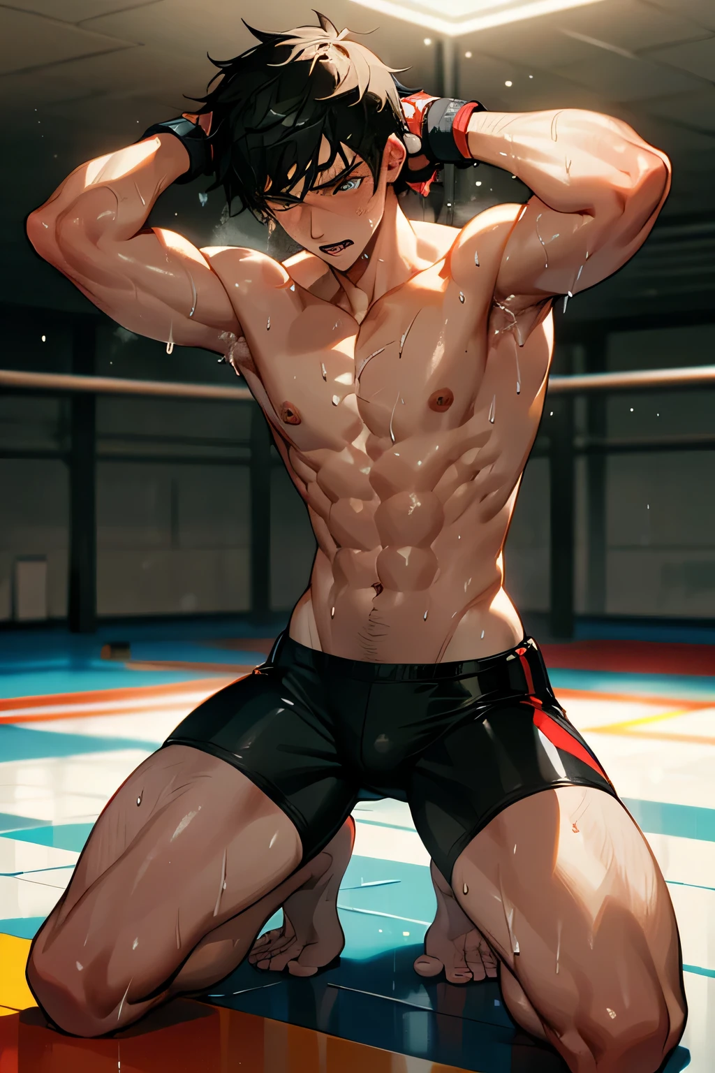 shirtless handsome manly short black hair caucasian male mma fighter, mma gloves, white mma shorts, barefoot, sweat-drenched, soaking wet, drenched with sweat, sweating profusely, soaking wet with sweat, panting, exhausted, gasping, panting, kneeling on the floor, hands on the head showing underarms, in the gym