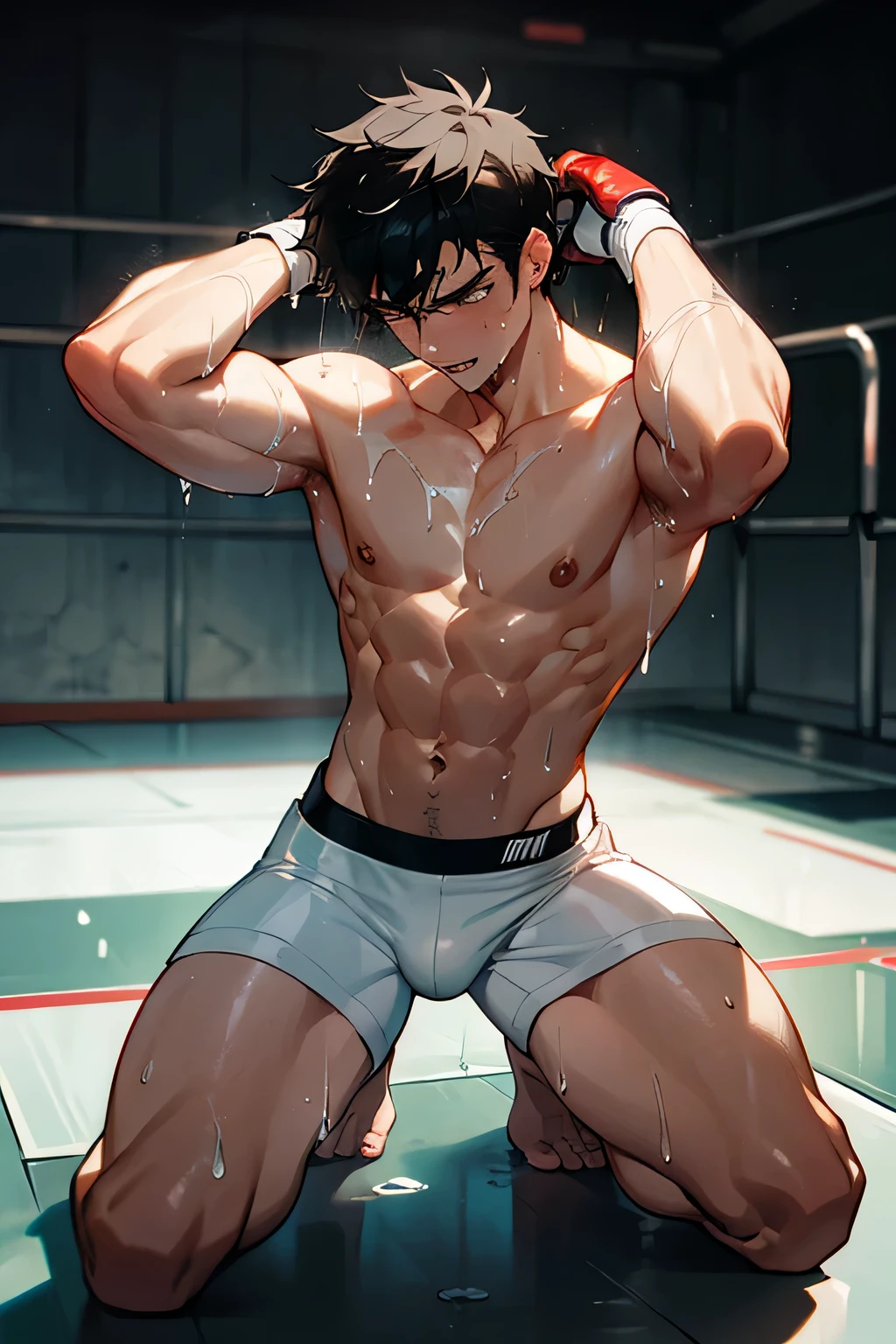 shirtless handsome manly short black hair caucasian male mma fighter, mma gloves, white mma shorts, barefoot, sweat-drenched, soaking wet, drenched with sweat, sweating profusely, soaking wet with sweat, panting, exhausted, gasping, panting, kneeling on the floor, hands on the head showing underarms, in the gym