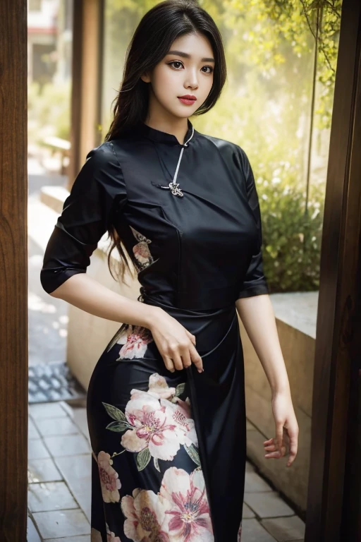a beautiful girl in vintage colors aodai, masterpiece ,(Dye painting) ( Black color dress ) wrapped in a large flower print( flower silk ..... with ) best quality, realistic:1.3, street, cyberpunk, holding bundle of adubon sunlight, backlighting, (well pper Adhere to clear natural light hdr))full budy, big ass (Remove extra limbs, remove accurately) intricate scene, artstation, intricate details, vignettefulbudy(cartoon)