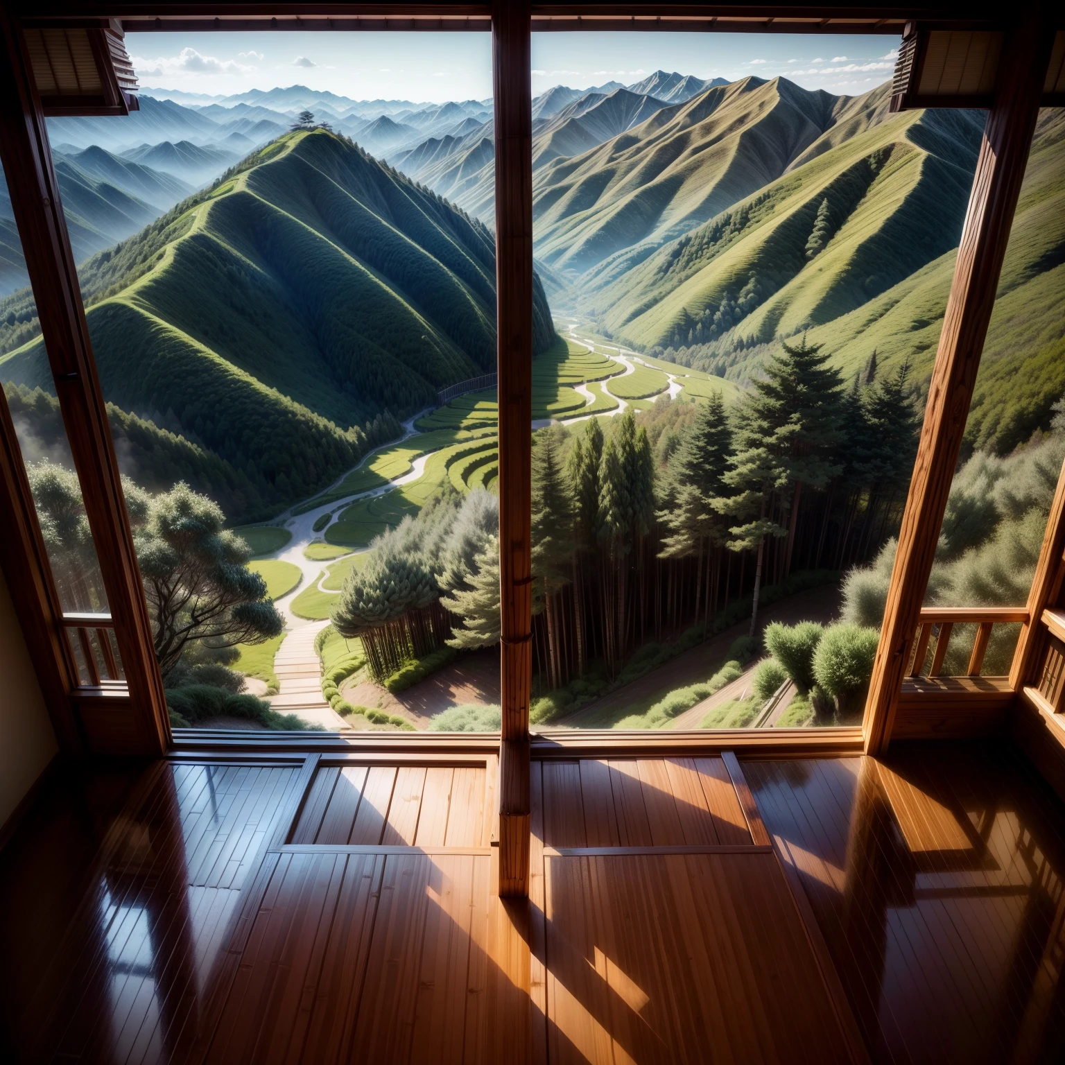best quality,Masterpiece,Beautiful Japanese bamboo forest in the high mountains