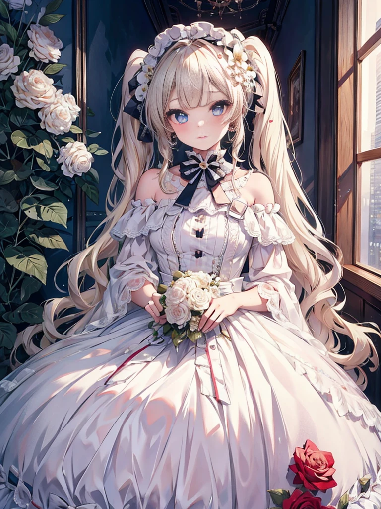 masterpiece, highest quality, High resolution, SA1, Floral Off-Shoulder Dress, sparkling eyes, false eyelashes, Platinum Blonde Twin Tails, Cute atmosphere, Rose,