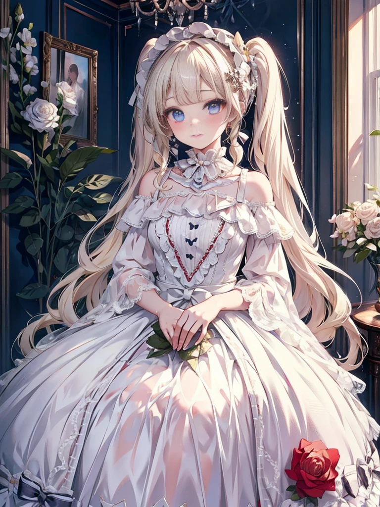 masterpiece, highest quality, High resolution, SA1, Floral Off-Shoulder Dress, sparkling eyes, false eyelashes, Platinum Blonde Twin Tails, Cute atmosphere, Rose,