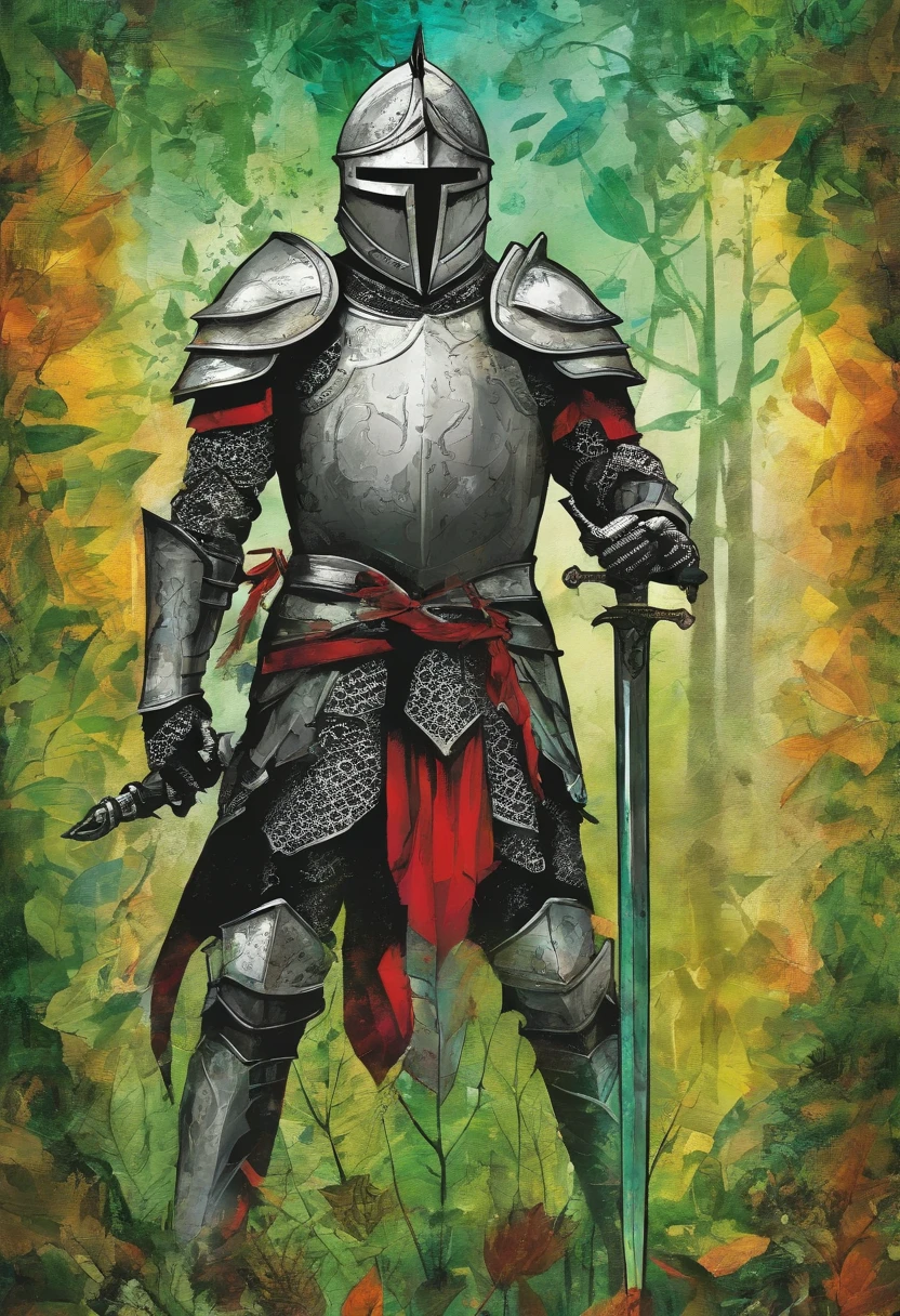 knight without armor conqueror, posture inhibited, regard timide, green forest background ::2 colorful ink painting ::2 art fantasy