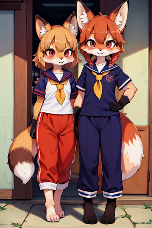 2 females, fox and raccoon, Furry, Beastman, animal hair, tail, Sailor suit, Short sleeve, Jersey pants, Long trousers, gloves, barefoot, School, Primary school students